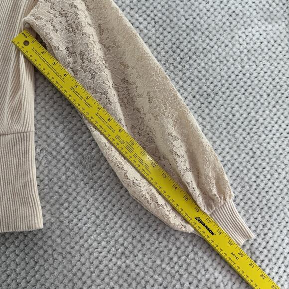 Anthropologie Sweater Womens XS Cream Rib Knit Lace Bishop Long Sleeve Surplice - Picture 11 of 15